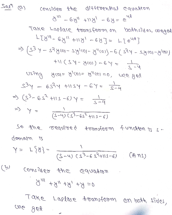 Soln cas consider the differential equation y-byl tllyl-6y=ele Take haplace transfoom on both sides, wegel LEYl-oy tiyl-6y