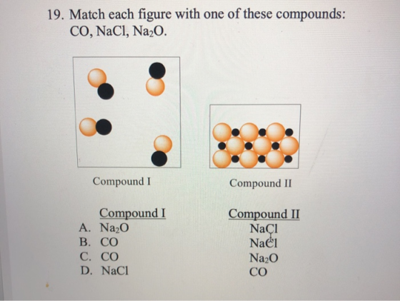 19. Match each figure with one of these compounds: CO, NaCl, Na20. Compound I Compound II Compound I A. Na20 B. CO СО D. NaCl