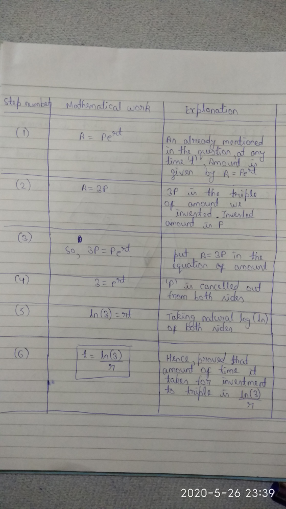 step number Mathematical work Explanation A = pert As already mentioned in the question at any time & Amount given by A= Pet
