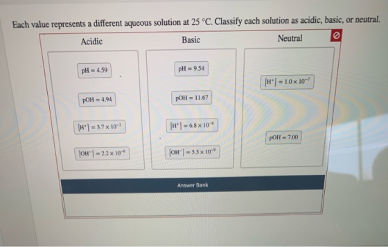 Each value represents a different aqueous solution at 25°C. Classify each solution as acidic, basic, or neutral. Acidic Basic