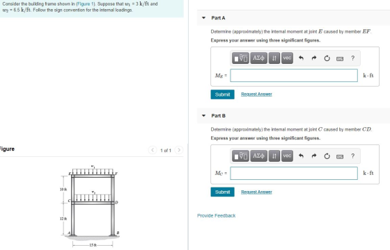 Consider the building frame shown in (Figure 1). Suppose that wi = 3 k/ft and w2 = 6.5 k/ft. Follow the sign convention for t