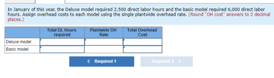In January of this year, the Deluxe model required 2,500 direct labor hours and the basic model required 6,000 direct labor h