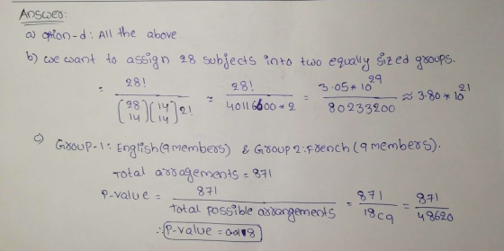 21 Answer: a) option-d: All the above b) we want to assign 28 Subjects into two equally sized groups. 28! 29 28! 3.05* 10 Ñ 3