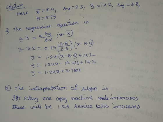 solution Here ł = 8.4 sa=2.3, 9=14.2, say = 3-8, r=0-75 a) The regression equation is g_ğ = r by (x-x) y- 14.2 = 0.75 3.8 3-)