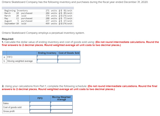 Ontario Skateboard Company has the following inventory and purchases during the fiscal year ended December 31, 2020. Beginnin