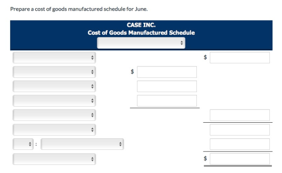 Prepare a cost of goods manufactured schedule for June. CASE INC. Cost of Goods Manufactured Schedule