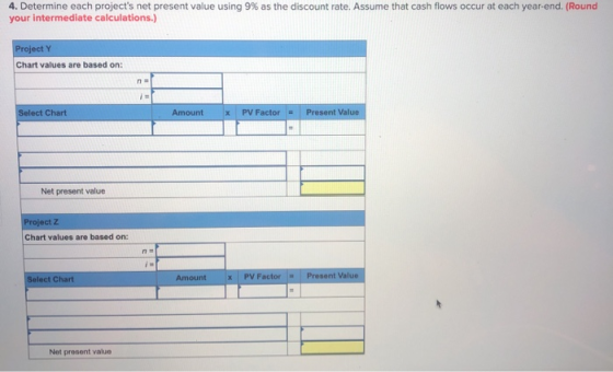 4. Determine each projects net present value using 9% as the discount rate. Assume that cash flows occur at each year-end. (