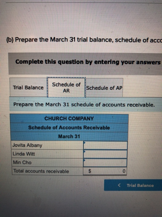 (b) Prepare the March 31 trial balance, schedule of accc Complete this question by entering your answers Trial Balance Schedu