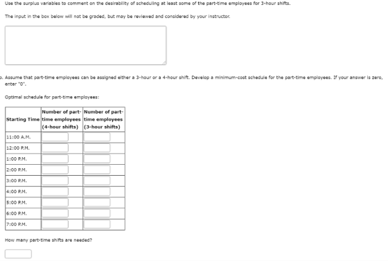 Use the surplus variables to comment on the desirability of scheduling at least some of the part-time employees for 3-hour sh