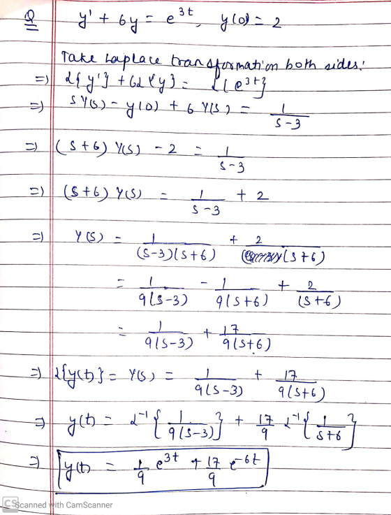 a yt by- est y lo) - 2 - 5 Take Laplace transformation both sides! = 2a y g + 6d (y) = {leitz 596) ylo) 6 46.2 La St6) YS) -
