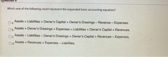 Which one of the following could represent the expanded basic accounting equation? O a. Assets = Liabilities + Owners Capita