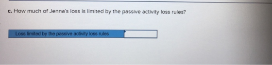 c. How much of Jennas loss is limited by the passive activity loss rules? Loss limited by the passive activity loss rules