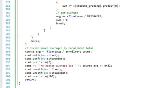 879 880 881 882 883 884 885 886 887 sum += s[student-grading] . grades4[m]; // get average avg (float)sum/ MAXGRADES; sum = 0