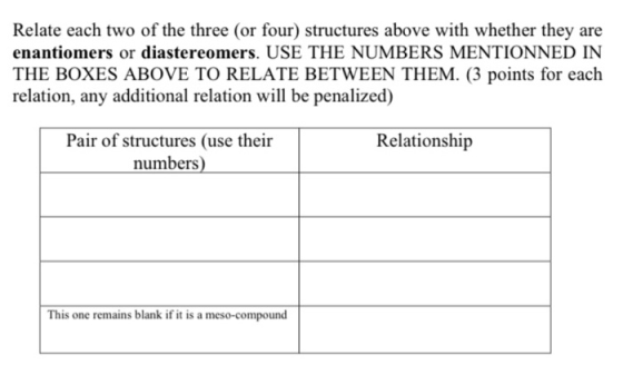 Relate each two of the three (or four) structures above with whether they are enantiomers or diastereomers. USE THE NUMBERS M