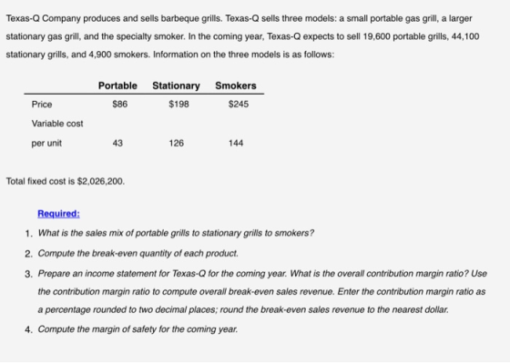 Texas-Q Company produces and sells barbeque grills. Texas-Q sells three models: a small portable gas grill, a larger stationa