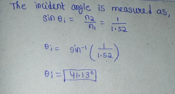 The inadent angl is measurel as, sin-y-1- i5a に