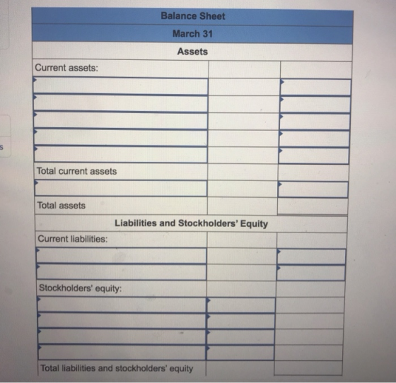 Balance Sheet March 31 Assets Current assets: Total current assets Total assets Liabilities and Stockholders Equity Current