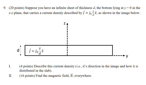 9. (20 points) Suppose you have an infinite sheet of thickness d, the bottom lying at y = 0 in the x-z plane, that carries a