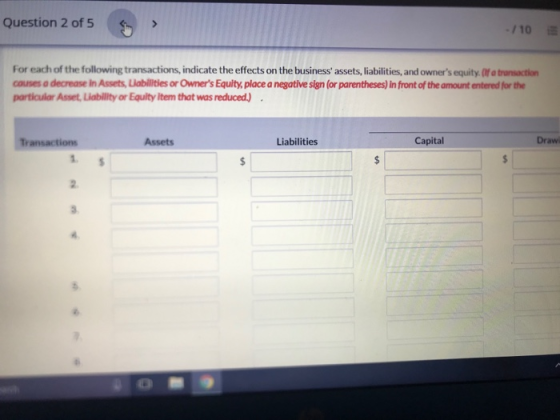 Question 2 of 5 -/10 E For each of the following transactions, indicate the effects on the business assets, liabilities, and