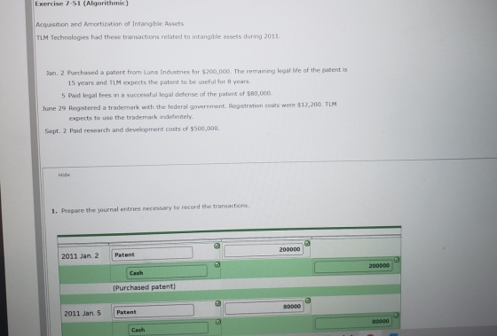 Acquisition and Amortization of Intangible Assets TLM Technologies had these transactions related to intangible assets during