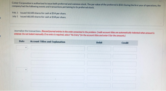 Culver Corporation is authorized to issue both preferred and common stock. The par value of the preferred is SSO. During the