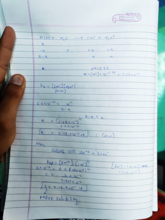 10 Kend Dale Foce HONT HO - CN + Hot - o ta tn pH=5. 89 x=(4+] = 10-st = 129 x 10-6 ko = [ca] [Hot] (HCN] .6.2x10-10 2 x² G-1