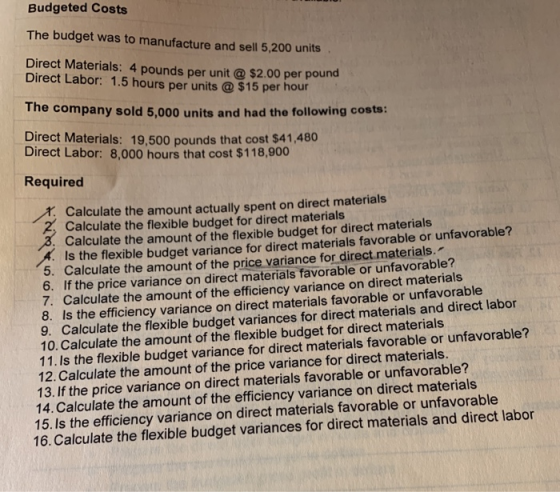 DUSLS The budget was to manufacture and sell 5,200 units Direct Materials: 4 pounds per unit @ $2.00 per pound Direct Labor: