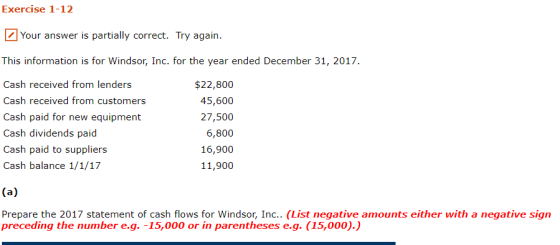 Exercise 1-12 Your answer is partially correct. Try again. This information is for Windsor, Inc. for the year ended December