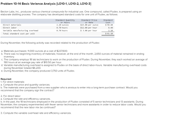 Problem 10-14 Basic Variance Analysis (LO10-1, LO10-2, LO10-3] Becton Labs, Inc., produces various chemical compounds for ind