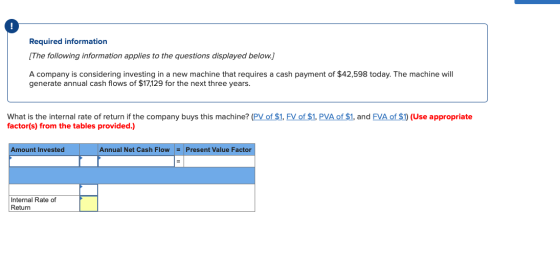Required information [The following information applies to the questions displayed below.) A company is considering investing
