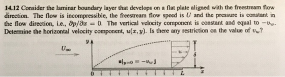 14.12 Consider the laminar boundary layer that develops on a flat plate aligned with the freestream flow direction. The flow is incompressible, the freestream flow speed is U and the pressure is constant in the flow direction, i.e., op/az = 0. The vertical velocity component is constant and equal to-t Determine the horizontal velocity component, u(x, v). Is there any restriction on the value of u? Uoo 0