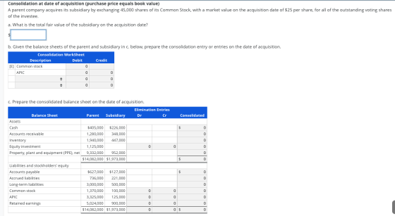 Consolidation at date of acquisition (purchase price equals book value) A parent company acquires its subsidiary by exchangin