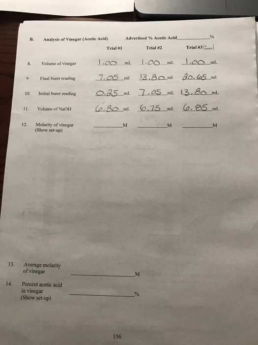 B. 9 Analysis of Vinegar (Aectie Acid) Advertised % Acetic Acid__ Trial Trial 2 Trial w3(...) Volume of vinegar 100 ml 1.00ml