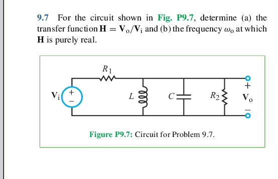 9.7 For the circuit shown in Fig. P9.7, determine (a) the transfer function H = V./V; and (b) the frequency w, at which H is