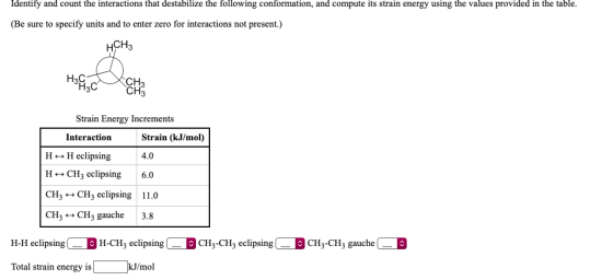 Identify and count the interactions that destabilize the following conformation, and compute its strain energy using the valu