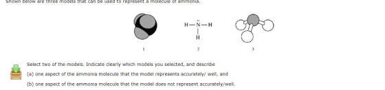 Shown below are three models that can be used to represent a molecule of ammonia. H-N-H IZ: Select two of the models. Indicat
