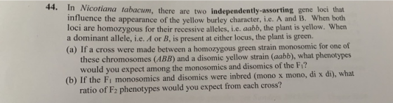 44. 44. In Nie in Nicotiana tabacum, there are two independently-assorting gene loci that influence the appearance of the yel