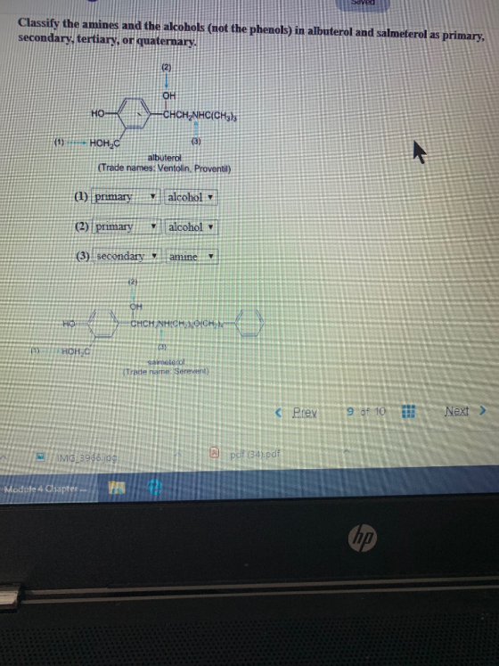 Classify the amines and the alcohols (no secondary, tertiary, or quaternar the phenols) in albuterol and salmeterol as primar