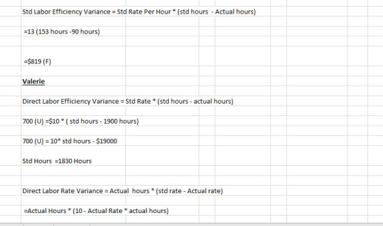 Std Labor Efficiency Variance = Std Rate Per Hour* (std hours - Actual hours) =13 (153 hours -90 hours) =$819 (F) Valerie Dir