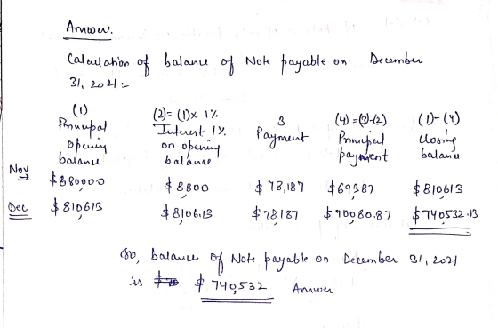 Anww. Calculation of 영 balance December Nole payable of 31, 2041:- (0 Prisupal 3 (1)-(4) (2)= (l)x 1% Interest IV. on opening