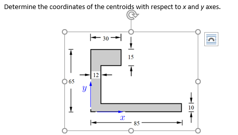 Determine the coordinates of the centroids with respect to x and y axes. - 30 []] 15 12 065 Y 10 2 85