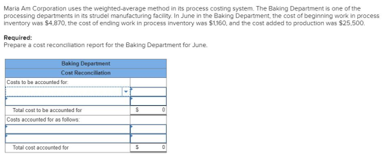 Maria Am Corporation uses the weighted average method in its process costing system. The Baking Department is one of the proc