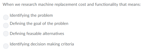 When we research machine replacement cost and functionality that means: Identifying the problem Defining theySoal of thes problem Defining feasable alternatives lleleni.iiyin decision rnakin?criteria