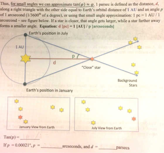 Thus, fors mallangles we canapproximatetan φ 4. I parsec is defined as the distance, d, along a right triangle with the other side equal to Earths orbital distance of 1 AU and an angle p of 1 arcsecond (1/3600th of a degree), or using that small angle approximation: 1 pc 1 AU/1 arcsecond -see figure below. If a star is closer, that angle gets larger, while a star farther away forms a smaller angle. Equation: d [pel-1 JAUJ/p larcsecondsl Earths position in July 1 AU 本 本 Close star Background Stars Earths position in January 本 本 本 本 January View from Earth July View from Earth Tan(p) = ifp = 0.00021°, p = arcseconds, and d =-parsecs :
