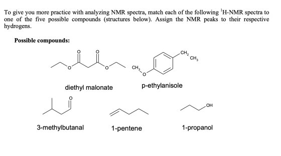 To give you more practice with analyzing NMR spectra, match each of the following H-NMR spectra to one of the five possible