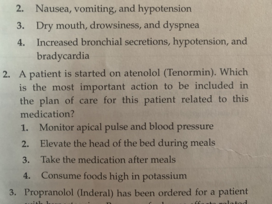 2. Nausea, vomiting, and hypotension 3. Dry mouth, drowsiness, and dyspnea 4. Increased bronchial secretions, hypotension, an