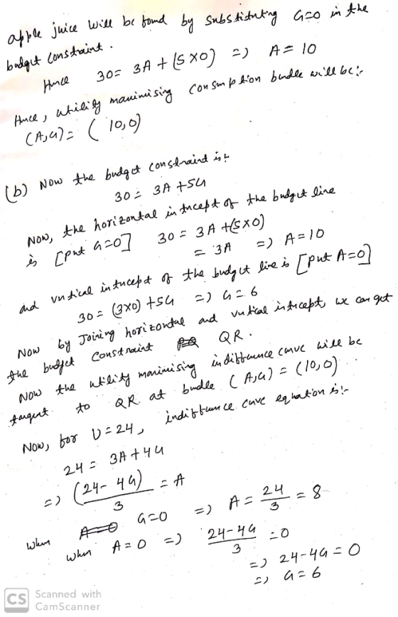apple juice will be found by substituting Gro in the budget constraint. Hunce 30=3A + [sxo] =) A = 10 Huce, utility manimisin