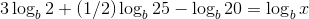 3 log, 2 + (1/2)log, 25 – log, 20 = log, I