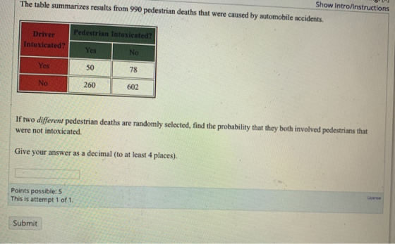 SHOW intro/instructions The table summarizes results from 990 pedestrian deaths that were caused by automobile accidents. Dri