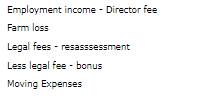 Employment income - Director fee Farm loss Legal fees - resasssessment Less legal fee - bonus Moving Expenses